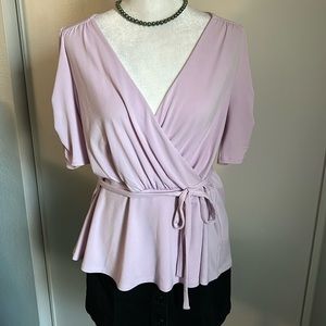 New Express Women’s Pastel Lilac Surplice Ruched Half Sleeve VNeck Peplum Blouse